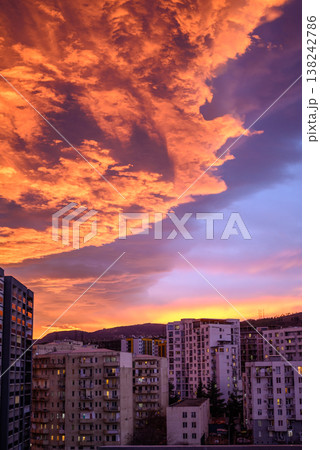 Dramatic vibrant sunset over apartment buildings in Saburtalo district in Tbilisi, Georgia 138242786