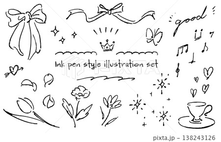 温かみのあるインクペン描きのアナログ風イラスト素材セット 温かみのあるインクペン描きのアナログ風イラスト素材セット 138243126