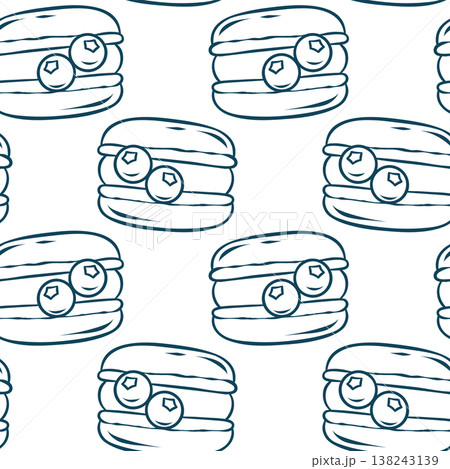 Mediterranean blue doodle pattern featuring macarons topped with blueberries and glossy icing. Minimalist berry pastry repeat for patisserie branding or cafe wallpaper Mediterranean blue doodle pattern featuring macarons topped with blueberries and glossy icing. Minimalist berry pastry repeat for patisserie branding or cafe wallpaper 138243139