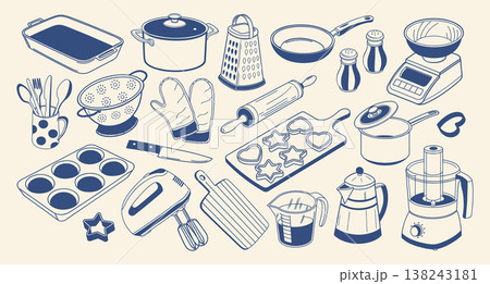 Set of hand drawn kitchen utensils and cooking tools. Home cooking set with pots, pans and accessories. Blue outline illustration. 138243181