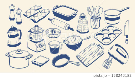 Set of hand drawn kitchen utensils and cooking tools. Home cooking set with pots, pans and accessories. Blue outline illustration. Set of hand drawn kitchen utensils and cooking tools. Home cooking set with pots, pans and accessories. Blue outline illustration. 138243182