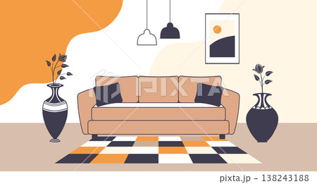 Living room interior with sofa, lamps and potted plants. Modern minimalist interior illustration. Living room interior with sofa, lamps and potted plants. Modern minimalist interior illustration. 138243188