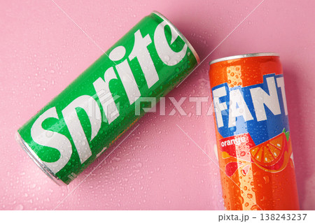 Mykolaiv, Ukraine - March 25, 2026 - Can of Coca-cola , Fanta and Sprite on pink background. Mykolaiv, Ukraine - March 25, 2026 - Can of Coca-cola , Fanta and Sprite on pink background. 138243237