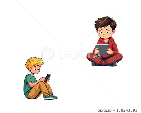 Sad children watching mobile phone and tablet...のイラスト素材 [138243393] - PIXTA