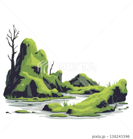 Mossy rocks emerging from a serene pond in a pristine natural setting 138243396