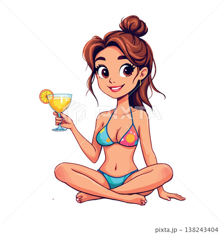 Beautiful woman holding tropical cocktail sitting cross legged on the beach 138243404