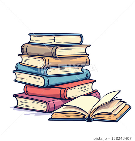 Stack of colorful books with open book lying in front Stack of colorful books with open book lying in front 138243407