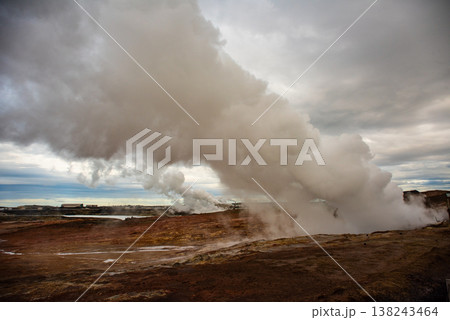 Gunnuhver Hot Springs spectacular landscape with steam from geothermal hot springs in Iceland, Reykjanes Gunnuhver Hot Springs spectacular landscape with steam from geothermal hot springs in Iceland, Reykjanes 138243464