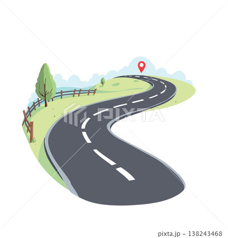Winding road leading to destination with location pin in green landscape 138243468