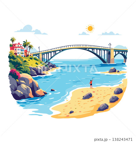 Tourist enjoying summer vacation on a tropical beach with bridge and cityscape 138243471