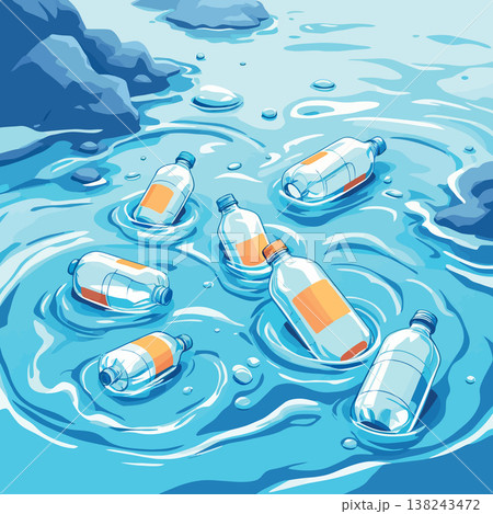 Plastic bottles floating in polluted ocean water near rocks 138243472