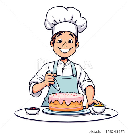 Pastry chef decorating cake with icing bag in kitchen 138243473
