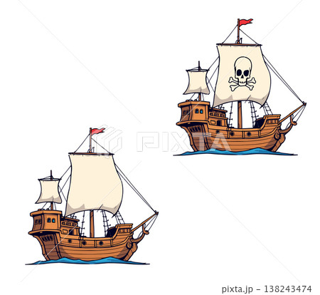 Two sailing caravel pirate ships, one showing jolly roger flag, navigating on ocean waves Two sailing caravel pirate ships, one showing jolly roger flag, navigating on ocean waves 138243474
