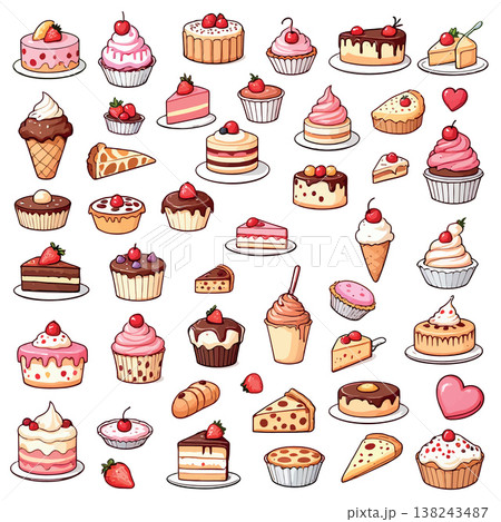 Delicious cakes, cupcakes, pies, and ice cream cones displaying culinary delights Delicious cakes, cupcakes, pies, and ice cream cones displaying culinary delights 138243487