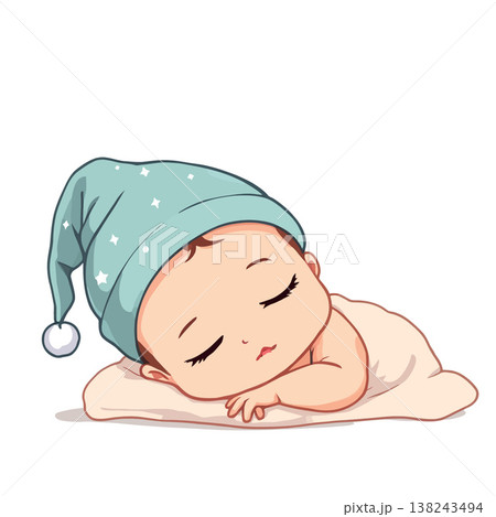 Adorable baby sleeping peacefully wearing a nightcap Adorable baby sleeping peacefully wearing a nightcap 138243494