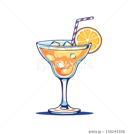 Refreshing tequila sunrise cocktail with orange slice and ice cubes in margarita glass Refreshing tequila sunrise cocktail with orange slice and ice cubes in margarita glass 138243508