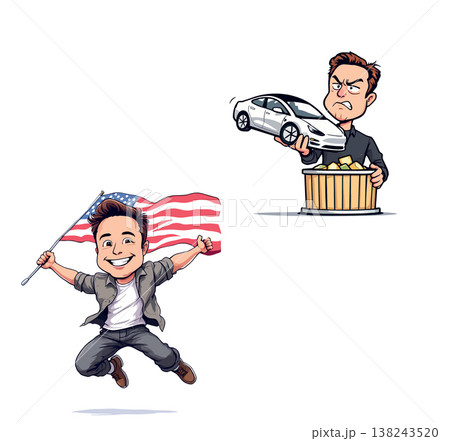 Happy us citizen celebrating and businessman throwing electric car into wooden basket full of money Happy us citizen celebrating and businessman throwing electric car into wooden basket full of money 138243520