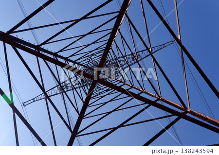 Electricity pylons conducting current from distribution power station, blackout and grid stability concept, copy space 138243594