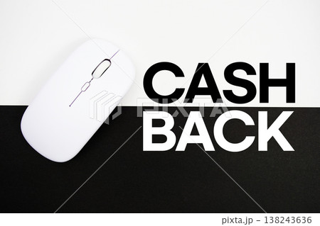 Cashback text and wireless mouse on white and black background 138243636