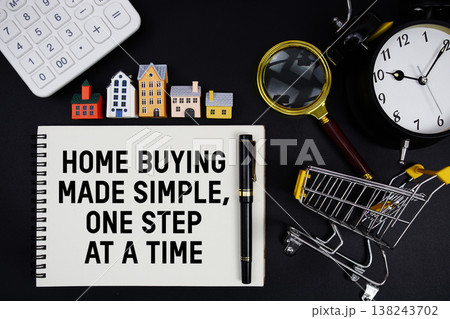 Notepad with the phrase "Home Buying Made Simple, One Step At A Time" surrounded by a pen, calculator, magnifying glass, clock, mini trolley shopping cart and house model 138243702