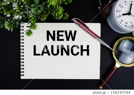 New Launch text with alarm clock and magnifying glass New Launch text with alarm clock and magnifying glass 138243764