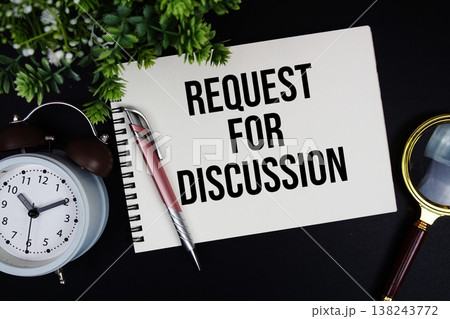 RFD Request for Discussion text with alarm clock and magnifying glass 138243772