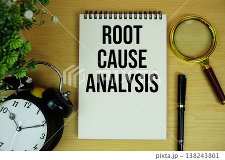 Root Cause Analysis text written on notepad with alarm clock and magnifying glass flat lay on wooden background 138243801