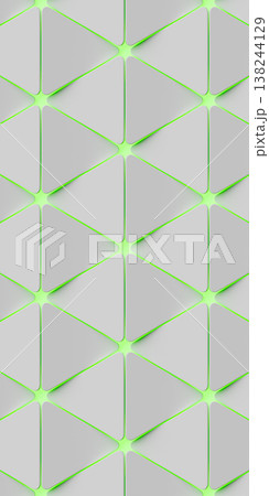 White abstract wallpaper featuring geometric shapes with triangles in the foreground. A texture with a repeating sci-fi-style geometric pattern and green highlighting 138244129