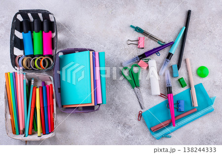 Decluttering concept. Stationery organization on work desk 138244333