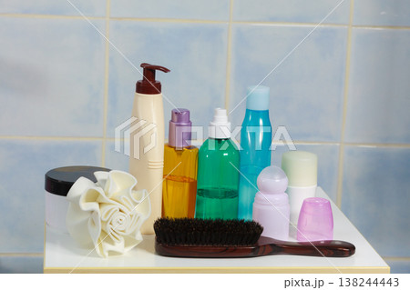 Toiletries in bathroom on shelf Toiletries in bathroom on shelf 138244443