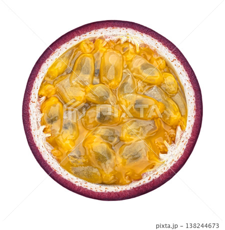 Passion fruit slice isolated on white background, top view, flat lay Passion fruit slice isolated on white background, top view, flat lay 138244673