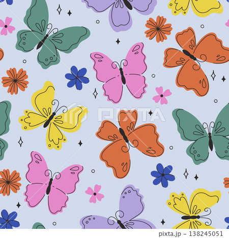 Seamless pattern with colorful butterflies and flowers. Vector graphics. Seamless pattern with colorful butterflies and flowers. Vector graphics. 138245051