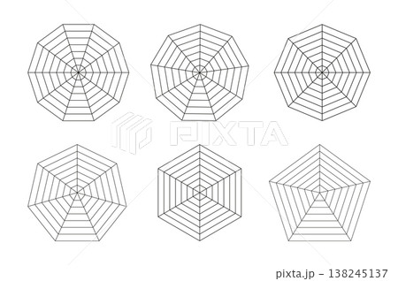 Radar, spider diagrams. Spider black mesh. Polygon graphs layout. Charts for statistic, analytic. Blank radar templates. Set of simple coaching tools. Flat grid with segments. 138245137