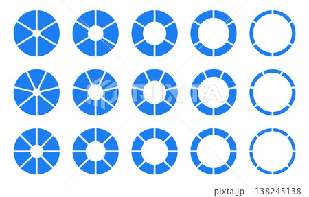 Circle division on 6, 7, 8 equal parts. Infographic wheel round divided blue diagrams six, seven, eight segments. Coaching blank. Section flat graph. Set of pie, pizza chart icons. Donut empty charts. 138245138