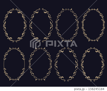 Elegant Gold Ellipse Frames Collection with Intricate Baroque Vintage Line Decorations. 138245184