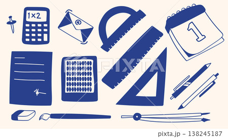 Silhouette Blue School Materials and Office Supplies Set.Vector Illustration Silhouette Blue School Materials and Office Supplies Set.Vector Illustration 138245187