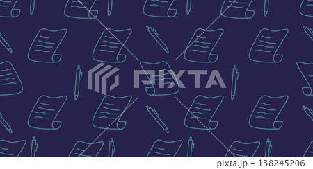 Seamless Pattern Notes and Pen Doodle Line Drawing on Blue Background.Vector Illustration 138245206