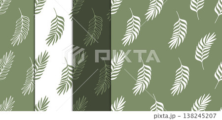 Seamless Green Pattern Palm Leaves Doodle Line Drawing Collection.Vector Illustration 138245207