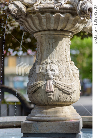 Ornate Stone Fountain Detail with Dripping Water 138245307