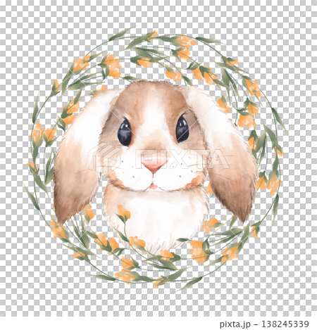 Cute watercolor portrait of floppy eared rabbit with big dark eyes enclosed within round botanical wreath with yellow flowers 138245339