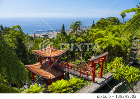 Monte Palace tropical garden with red pagoda, lakes and traditional buildings above the city of Funchal, popular tourist destination in Madeira island, Portugal Monte Palace tropical garden with red pagoda, lakes and traditional buildings above the city of Funchal, popular tourist destination in Madeira island, Portugal 138245382