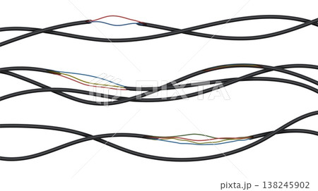 3d power cables. Realistic electric wires, broken and torn energy cables isolated vector set 138245902