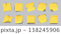 Yellow paper notes. 3D realistic sticky notes, blank memo papers for reminders, office messages organization. Vector isolated set 138245906
