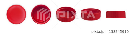 Plastic bottle cap for mineral water and soda. 3D realistic red screw lids top, side and front view. Vector isolated mockups set 138245910