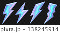 3d lightning fluid holographic icons. Thunderbolt y2k iridescent hologram. Speed flash glass neon symbol, realistic crystal electric blue power emoji. Glossy shiny metallic energy arrow vector set 138245914