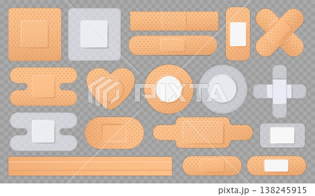 Medical plaster realistic set. First aid kit bandage, adhesive band, medicine sticky transparent patches. Bandage for wound and injury. Accident care elements. Vector isolated set Medical plaster realistic set. First aid kit bandage, adhesive band, medicine sticky transparent patches. Bandage for wound and injury. Accident care elements. Vector isolated set 138245915