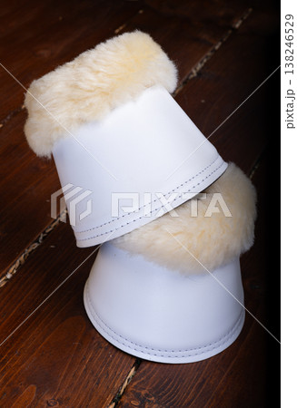 luxery hoof protectors with natural fur for sportive horses. horse stuff and care 138246529