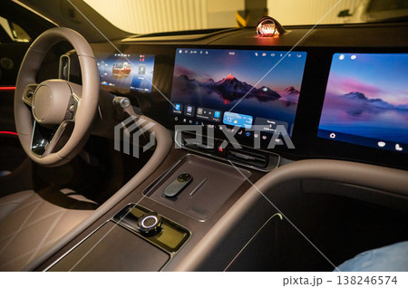 Modern car interior with touch screens. Modern car interior with touch screens. 138246574