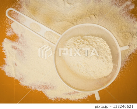 Preparation for baking, ingredients flour sifting. 138246621