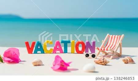 Colorful vacation letters on a sandy beach with ocean background and deck chair Colorful vacation letters on a sandy beach with ocean background and deck chair 138246853